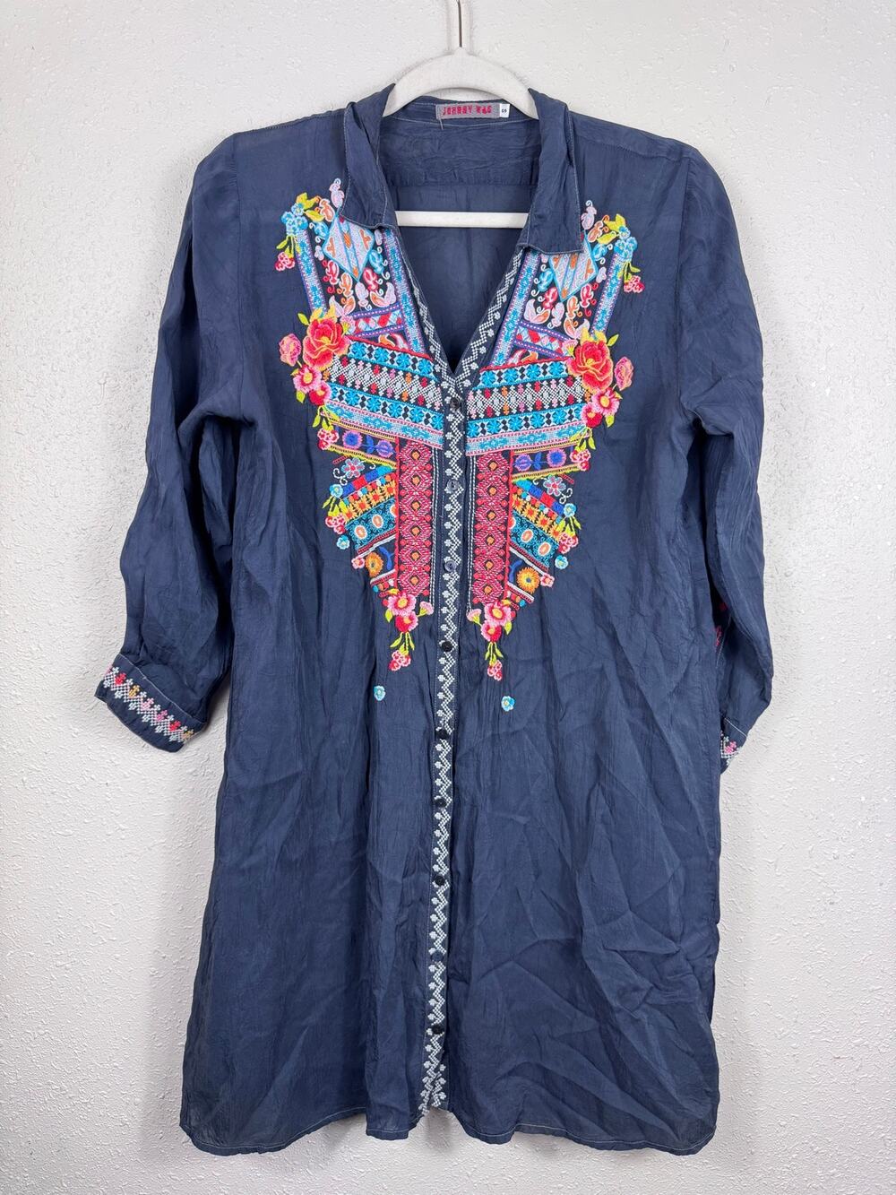 Johnny Was Charcoal Black Embroidered Dress/Tunic Top womens size small
